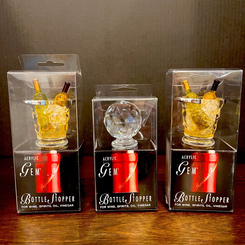 Wine, Bottle Stoppers, Set of Three, Gem - Acrylic, Decorative, Festive,